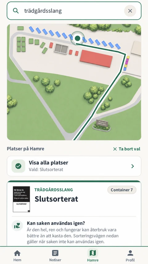 Sök efter avfall och se vägen till rätt plats på Hamre.