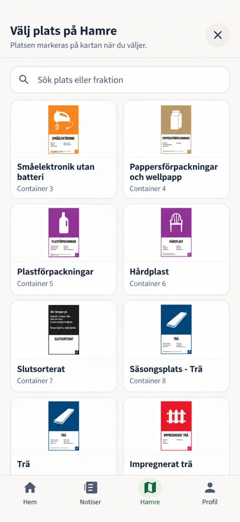 Bläddra bland avfallsslag och hitta rätt container.